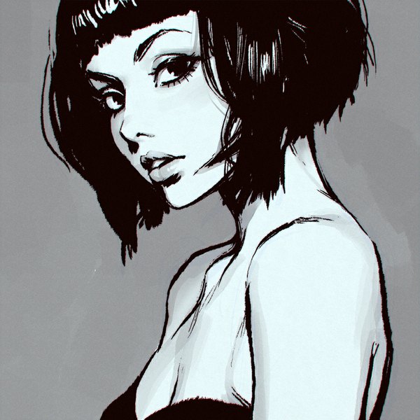 Anime picture 900x900 with original ilya kuvshinov single looking at viewer fringe short hair simple background bare shoulders cleavage parted lips lips grey background monochrome portrait bob cut girl