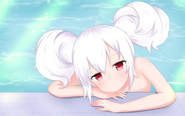 Anime picture 2540x1600 with azur lane laffey (azur lane) yuujoduelist single looking at viewer blush fringe highres short hair light erotic hair between eyes red eyes payot upper body white hair head tilt nude :o hair bun (hair buns) alternate hairstyle