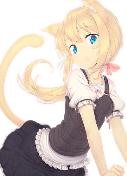 Anime picture 690x950 with original zizi (zz22) long hair tall image looking at viewer open mouth blue eyes simple background blonde hair white background animal ears tail animal tail cat ears cat tail skirt bow hair bow
