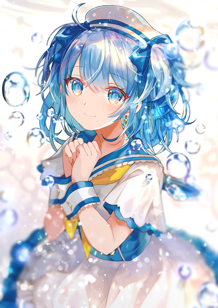 Anime picture 708x1000 with original shione (memento forest) single tall image fringe short hair blue eyes smile hair between eyes blue hair ahoge from above two side up sailor collar girl earrings choker wrist cuffs beret bubble (bubbles)