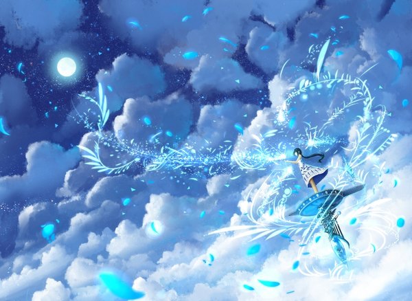 Anime picture 1424x1040 with original bounin single long hair black hair standing bare shoulders payot looking away cloud (clouds) ponytail profile arm up wind night from below night sky outstretched arm magic glowing