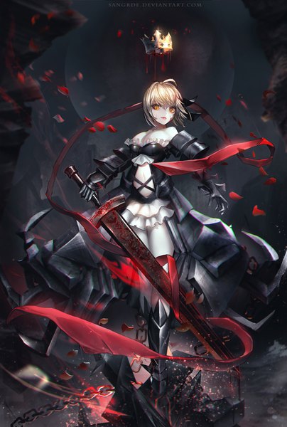 Anime picture 1500x2228 with fate (series) fate/grand order fate/stay night artoria pendragon (all) saber alter sangrde single tall image looking at viewer short hair blonde hair standing bare shoulders holding signed yellow eyes ahoge watermark scar revision
