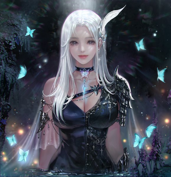 Anime picture 3382x3501 with original nessi single long hair tall image looking at viewer fringe highres breasts large breasts standing absurdres cleavage upper body white hair light smile lips realistic sparkle grey eyes