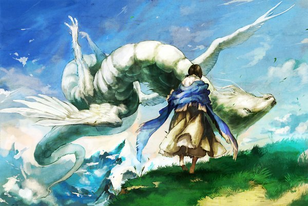 Anime picture 2067x1382 with original amanohana highres brown hair sky cloud (clouds) barefoot wind girl plant (plants) grass dragon cliff