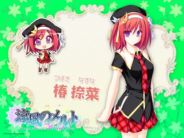 Anime picture 1600x1200 with suzukaze no melt tsubaki nazuna tenmaso purple eyes red hair chibi girl hat miniskirt serafuku necktie