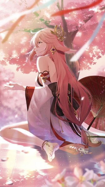 Anime picture 2127x3786 with genshin impact yae miko kinaco 4738 single long hair tall image fringe highres hair between eyes sitting purple eyes animal ears looking away pink hair profile barefoot fox ears cherry blossoms wariza low ponytail