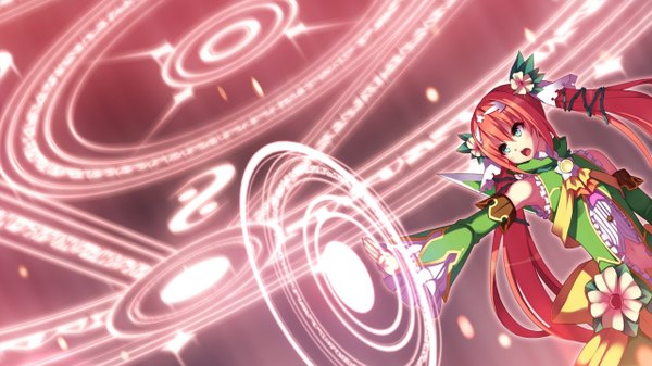 Anime picture 1280x720 with 1/7 no mahoutsukai ichijou himari tel-o single long hair blush fringe open mouth wide image twintails bare shoulders looking away game cg red hair aqua eyes outstretched arm magic fighting stance girl dress