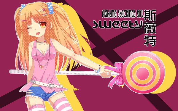 Anime picture 2000x1250 with mvv single long hair highres wide image one eye closed wink orange hair orange eyes :p girl thighhighs hair ornament shorts hairclip striped thighhighs lollipop