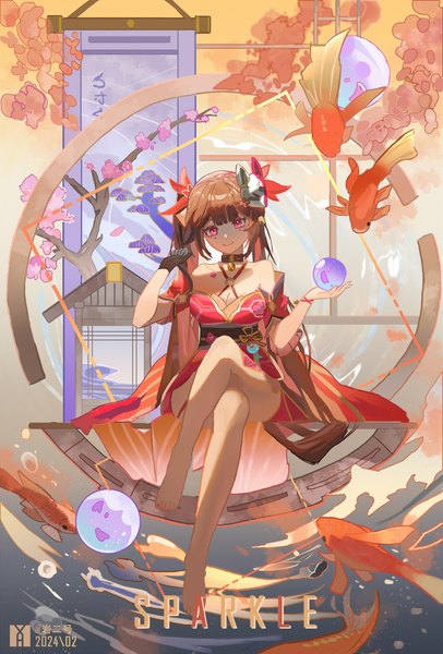 Anime picture 2707x3999 with honkai: star rail honkai (series) sparkle (honkai: star rail) user jhfu7478 single long hair tall image looking at viewer fringe highres breasts light erotic smile brown hair sitting twintails bare shoulders payot blunt bangs nail polish