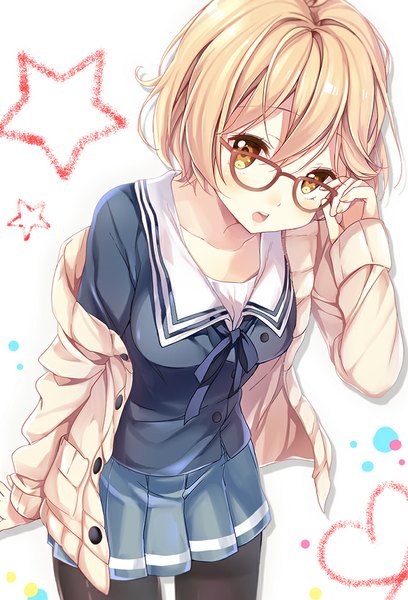 Anime picture 700x1028 with kyoukai no kanata kyoto animation kuriyama mirai chiyingzai single tall image blush short hair open mouth blonde hair brown eyes pleated skirt adjusting glasses girl skirt miniskirt pantyhose glasses serafuku star (stars)