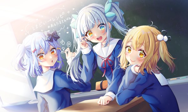 Anime picture 5000x3000 with virtual youtuber kagura mea channel noripro animare kagura mea inuyama tamaki inaba haneru (animare) hina (hinalovesugita) long hair looking at viewer fringe highres short hair open mouth blonde hair smile hair between eyes wide image twintails multiple girls