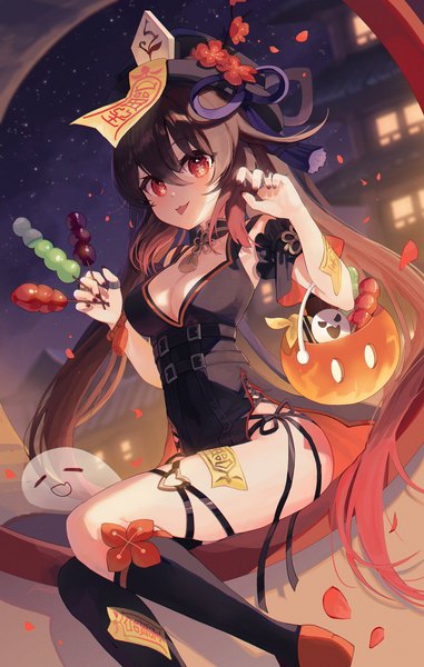 Anime picture 2500x3940 with genshin impact hu tao (genshin impact) boo tao (genshin impact) pistachiocream single long hair tall image fringe highres breasts light erotic hair between eyes red eyes brown hair twintails cleavage nail polish symbol-shaped pupils side slit halloween