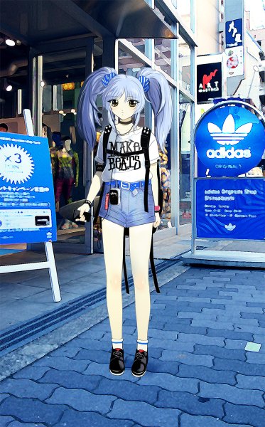 Anime picture 746x1200 with martian successor nadesico xebec adidas hoshino ruri nemobrand single long hair tall image looking at viewer fringe standing twintails brown eyes blue hair outdoors inscription product placement girl socks shorts