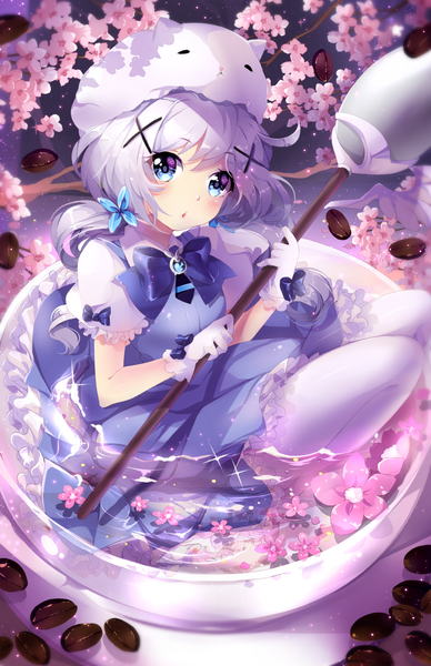 Anime picture 809x1250 with gochuumon wa usagi desu ka? white fox kafuu chino tippy (gochiusa) squchan single long hair tall image looking at viewer fringe blue eyes hair between eyes sitting twintails holding silver hair ahoge bent knee (knees) parted lips from above