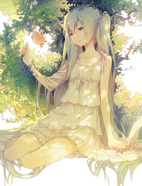 Anime picture 750x983 with vocaloid hatsune miku rella single tall image simple background white background sitting twintails looking away very long hair aqua hair holding hands girl dress ribbon (ribbons) hair ribbon white dress sundress fruit