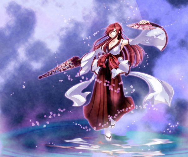 Anime picture 1193x1000 with fairy tail erza scarlet blackrabbit0626 single long hair red eyes red hair traditional clothes japanese clothes miko closed umbrella girl detached sleeves petals umbrella fan