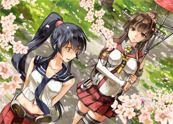 Anime picture 1261x903 with kantai collection yamato super battleship yahagi light cruiser caesar et cleopatra (abo) long hair black hair brown hair multiple girls ponytail traditional clothes japanese clothes hair flower dutch angle cherry blossoms hands behind back girl skirt hair ornament flower (flowers) 2 girls
