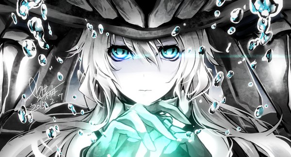 Anime picture 1000x539 with kantai collection wo-class aircraft carrier tyouya single long hair looking at viewer wide image signed white hair aqua eyes teeth glowing light face glowing eye (eyes) white skin shinkaisei-kan girl bubble (bubbles) staff