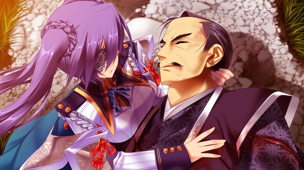 Anime picture 1280x720 with sengoku hime 4 long hair short hair black hair wide image twintails game cg purple hair traditional clothes tears girl boy eyepatch
