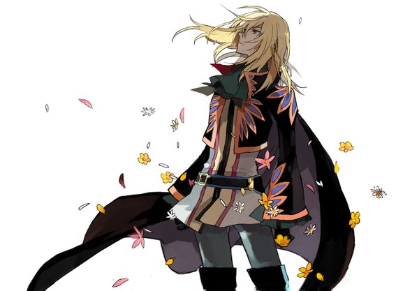Anime picture 1386x965 with tales of graces richard (tales) single long hair simple background blonde hair white background brown eyes looking up boy flower (flowers) petals