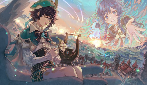 Anime picture 1406x814 with genshin impact venti (genshin impact) dvalin (genshin impact) barbatos (genshin impact) nameless bard (genshin impact) csyday short hair open mouth black hair wide image sitting braid (braids) eyes closed wind twin braids city evening sunset cityscape fantasy