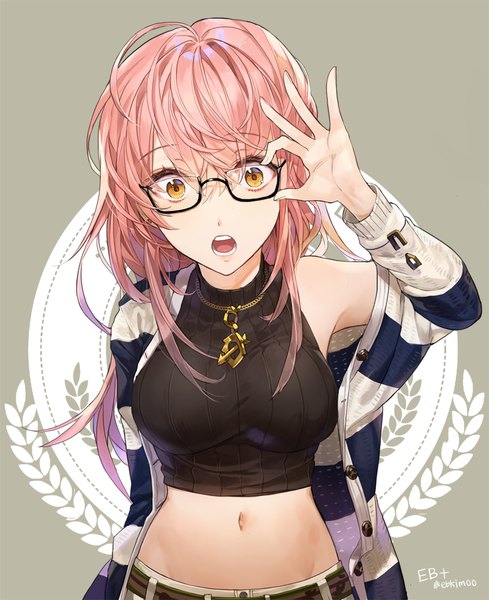 Anime-Bild 800x981 mit original kim eb single long hair tall image looking at viewer fringe breasts open mouth simple background bare shoulders brown eyes signed pink hair upper body ahoge long sleeves open clothes teeth armpit (armpits)