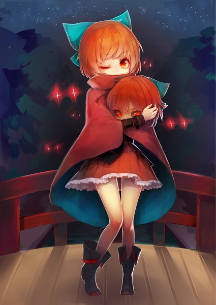 Anime picture 2150x3035 with touhou sekibanki keemoringo single tall image fringe highres short hair red eyes holding red hair one eye closed night river disembodied head girl bow hair bow boots mantle