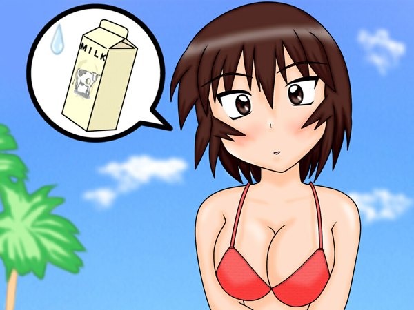 Anime-Bild 1024x768 mit azumanga daioh j.c. staff kagura (azumanga) light erotic brown hair brown eyes girl swimsuit bikini red bikini milk