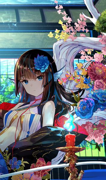 Anime picture 700x1192 with original fuzichoco single long hair tall image looking at viewer fringe blue eyes brown hair bare shoulders blunt bangs multicolored hair hair flower two-tone hair bare belly streaked hair monster girl cropped girl navel