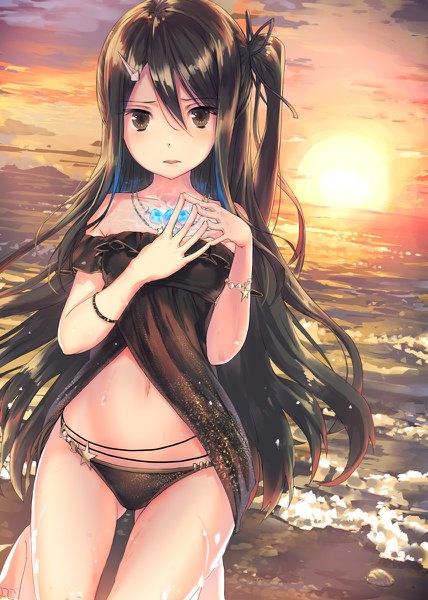 Anime picture 856x1200 with original kamome yuu single long hair tall image looking at viewer blush fringe light erotic hair between eyes brown hair bare shoulders outdoors parted lips barefoot bare belly beach one side up kneeling evening