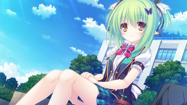 Anime picture 1280x720 with magicalic sky high charlles faltesia mikagami mamizu blush short hair smile wide image sitting yellow eyes game cg sky cloud (clouds) green hair pointy ears girl uniform hair ornament school uniform butterfly hair ornament