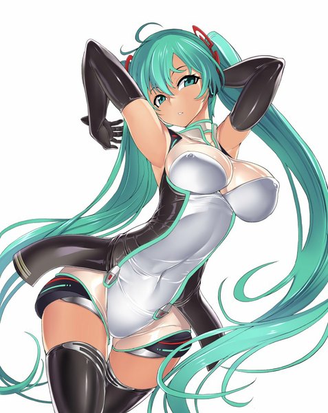 Anime picture 800x1006 with vocaloid hatsune miku hakaba (dairiseki) single tall image breasts light erotic simple background large breasts white background twintails green eyes very long hair green hair armpit (armpits) erect nipples thigh gap covered nipples girl gloves