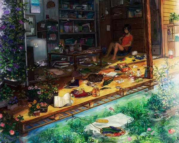 Anime picture 1600x1280 with original neyagi short hair red eyes brown hair sitting brown eyes barefoot detailed messy room girl flower (flowers) ribbon (ribbons) plant (plants) water food sweets book (books) cat bag
