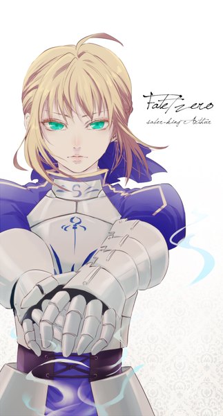 Anime picture 1000x1854 with fate (series) fate/stay night fate/zero studio deen type-moon artoria pendragon (all) saber tall image looking at viewer fringe blonde hair standing white background holding aqua eyes glowing dress gloves weapon armor