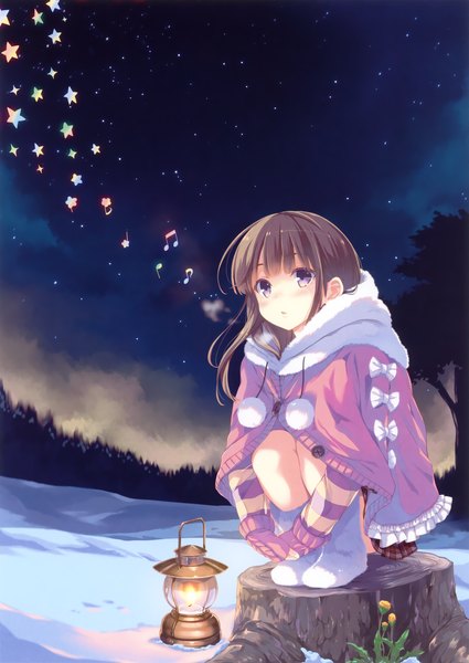 Anime picture 3254x4598 with original ohara tometa single long hair tall image blush highres brown hair sitting purple eyes absurdres night winter snow exhalation girl plant (plants) tree (trees) star (symbol) star (stars)