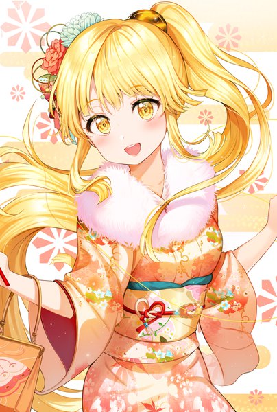 Anime picture 2500x3714 with bang dream! tsurumaki kokoro tokkyu single tall image looking at viewer blush fringe highres open mouth blonde hair smile standing yellow eyes payot ponytail blunt bangs very long hair traditional clothes head tilt