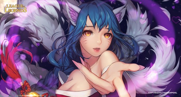 Anime picture 1920x1034 with league of legends ahri (league of legends) hayanpool single long hair looking at viewer fringe highres breasts open mouth light erotic wide image bare shoulders signed animal ears yellow eyes blue hair cleavage upper body tail