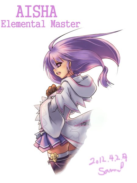 Anime picture 828x1104 with elsword aisha landar elemental master (elsword) ecell (artist) single long hair tall image open mouth simple background white background purple eyes purple hair profile girl clothes