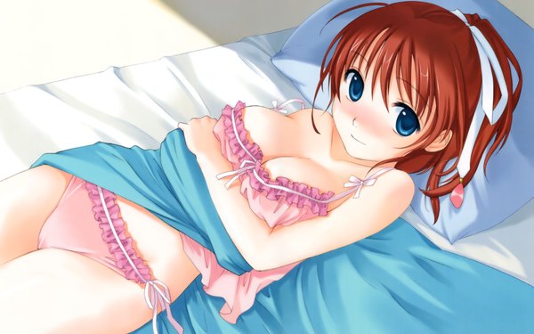 Anime picture 4000x2500 with amanatsu ayase mao ginta single blush highres short hair breasts blue eyes light erotic brown hair wide image large breasts looking away ponytail light smile embarrassed breast grab girl underwear