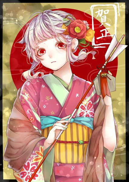 Anime picture 2477x3500 with original mai mugi single tall image looking at viewer highres short hair red eyes silver hair upper body nail polish traditional clothes japanese clothes border new year girl hair ornament earrings kimono obi
