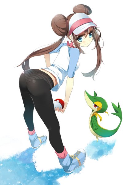 Anime picture 1000x1399 with pokemon nintendo rosa (pokemon) snivy koba single long hair tall image blue eyes light erotic simple background smile brown hair standing white background twintails holding ass looking back shadow