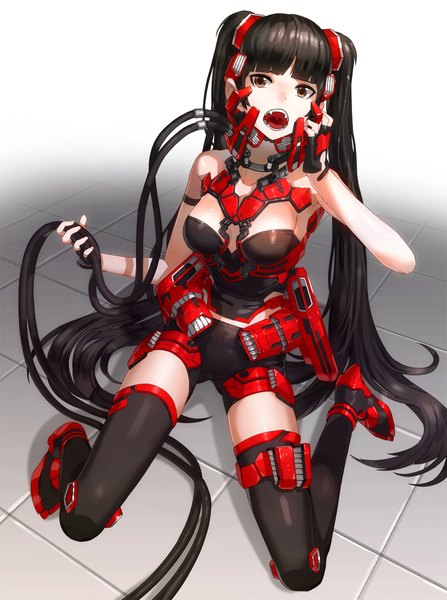 Anime picture 875x1175 with original kfr single tall image open mouth light erotic black hair twintails brown eyes looking away very long hair teeth fang (fangs) girl gloves black gloves boots fingerless gloves thigh boots wire (wires)