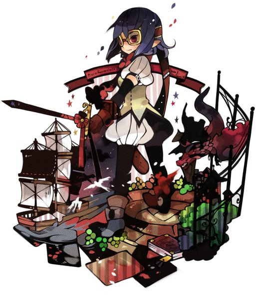 Anime picture 1500x1700 with original pixiv fantasia pixiv fantasia iv rinju umisu tall image red eyes blue hair pointy ears girl weapon glasses boots book (books) dragon watercraft ship