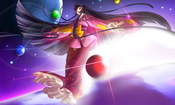 Anime picture 2400x1440 with touhou houraisan kaguya untue single long hair highres black hair red eyes wide image spread arms space girl bow
