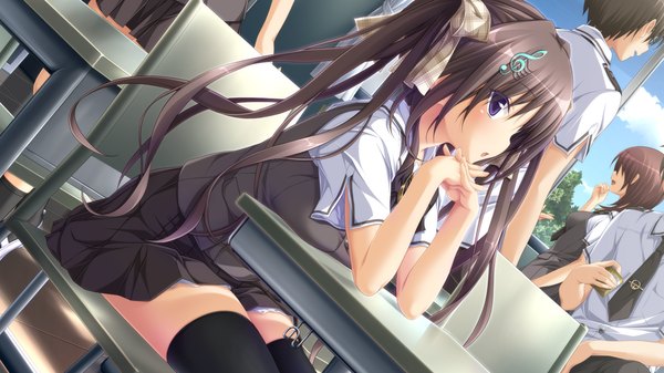 Anime picture 1280x720 with chrono clock andou misaki koku long hair blush open mouth brown hair wide image sitting purple eyes twintails game cg girl thighhighs uniform bow black thighhighs hair bow school uniform desk