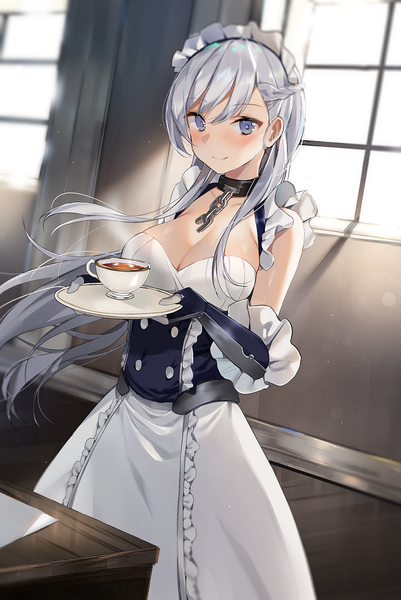 Anime picture 764x1143 with azur lane belfast (azur lane) sabet (young ouo) single long hair tall image looking at viewer blush fringe breasts light erotic smile hair between eyes large breasts standing purple eyes holding cleavage silver hair indoors