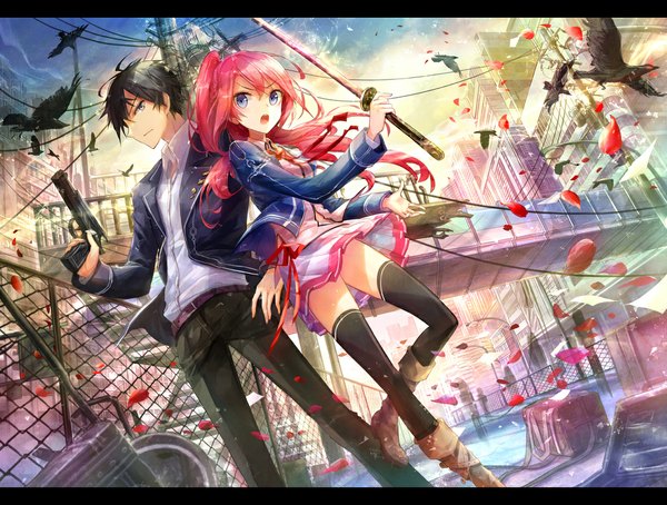 Anime picture 1135x860 with original fuumi (radial engine) long hair short hair open mouth blue eyes black hair pink hair sky cloud (clouds) bent knee (knees) pleated skirt sunlight hand on hip city side ponytail cityscape flying leg lift (legs lift) sunbeam