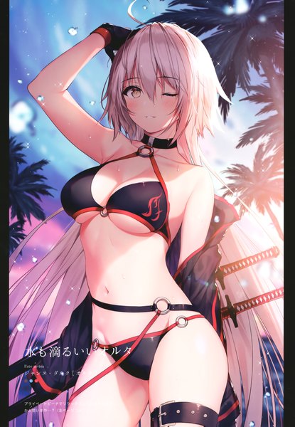 Anime picture 2804x4055 with fate (series) fate/grand order jeanne d'arc (fate) (all) jeanne d'arc alter (fate) jeanne d'arc alter (swimsuit berserker) (fate) necomi (gussan) single tall image looking at viewer blush fringe highres breasts light erotic hair between eyes standing bare shoulders signed yellow eyes sky