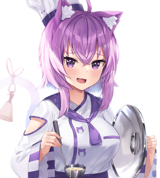 Anime picture 1800x2002 with virtual youtuber hololive nekomata okayu duguddnr single tall image fringe highres short hair open mouth simple background hair between eyes white background purple eyes animal ears purple hair upper body ahoge :d cat ears