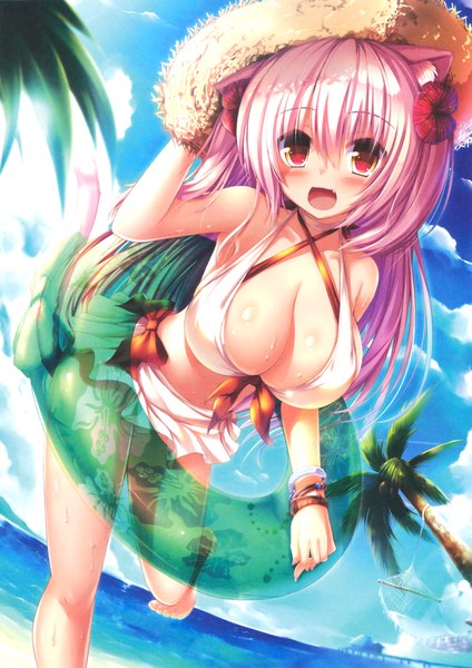 Anime picture 2233x3163 with original shia flatpaddy syroh single long hair tall image highres breasts open mouth light erotic animal ears pink hair absurdres sky cleavage cloud (clouds) :d pink eyes barefoot hair flower